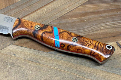 Bark River Gunny Scandi CPM 3V Desert Ironwood Burl, Turquoise Spacer, Red Liners, Mosaic Pins - NORTH RIVER OUTDOORS