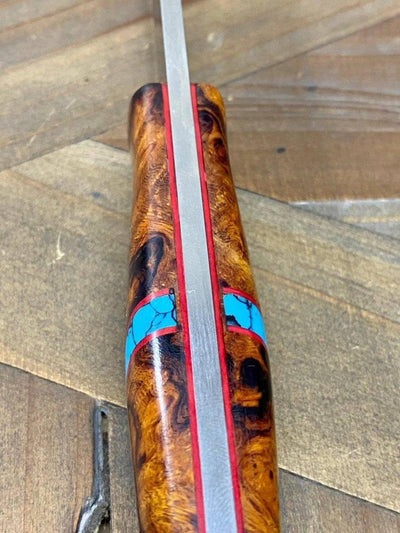 Bark River Gunny Scandi CPM 3V Desert Ironwood Burl, Turquoise Spacer, Red Liners, Mosaic Pins - NORTH RIVER OUTDOORS