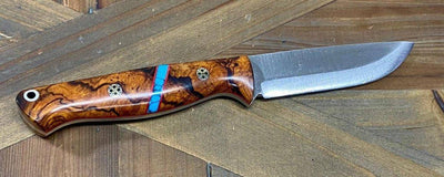 Bark River Gunny Scandi CPM 3V Desert Ironwood Burl, Turquoise Spacer, Red Liners, Mosaic Pins - NORTH RIVER OUTDOORS