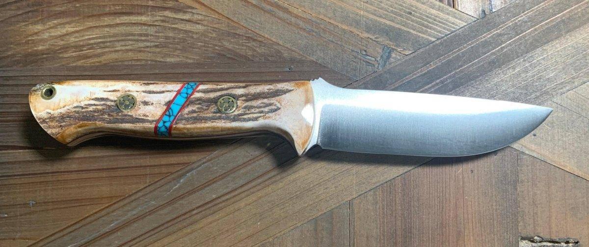 Bravo 1 LT MagnaCut Fixed Blade Elk Handles Turquoise Spacer Red Liners Mosaic Pins (USA) - NORTH RIVER OUTDOORS