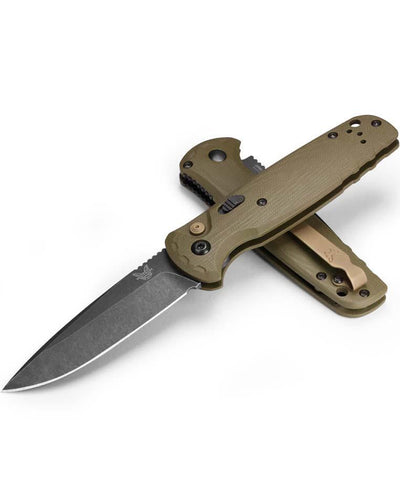 Benchmade 4300BK-02 CLA Auto Knife 3.4" MagnaCut Black DLC Battlewash Plain Blade OD Green G10 - NORTH RIVER OUTDOORS