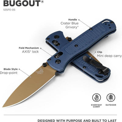Benchmade Bugout Axis Folding Knife 3.24" S30V Flat Dark Earth Cerakote Plain Blade Crater Blue Grivory Handles - NORTH RIVER OUTDOORS
