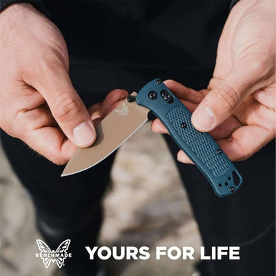 Benchmade Bugout Axis Folding Knife 3.24" S30V Flat Dark Earth Cerakote Plain Blade Crater Blue Grivory Handles - NORTH RIVER OUTDOORS