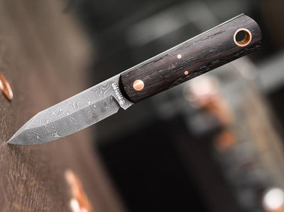 Boker Lucas Burnley Barlow BFF Damast Fixed Blade Knife 2.76" Damascus Clip Point Bog Oak Wood Handle - NORTH RIVER OUTDOORS