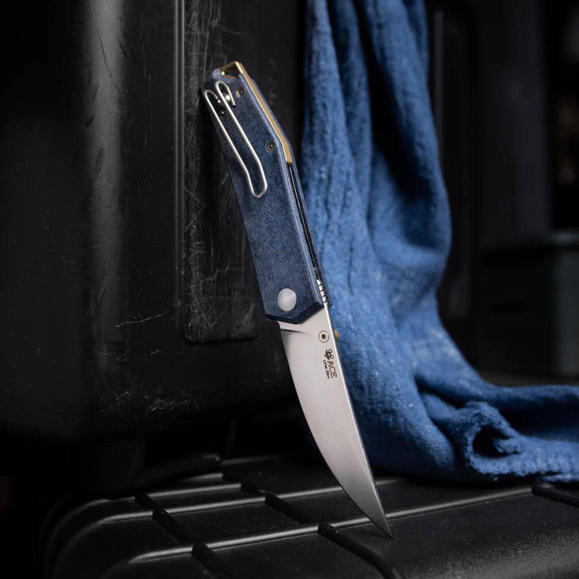 GiantMouse ACE Clyde	Denim Micarta Brass Backspacer Folding Knife - NORTH RIVER OUTDOORS