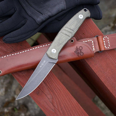 GiantMouse GMF2-P-G Fixed Blade Knife 3.62" N690 Black PVD Stonewashed Drop Point Green Micarta Leather Sheath - NORTH RIVER OUTDOORS
