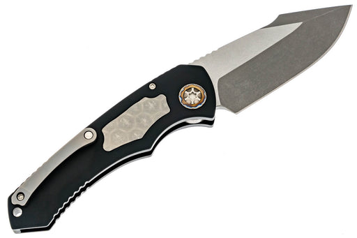Heretic Auto Pariah H048-5A MagnaCut Black Handle Battleworn Single Edge Blade Flamed Pivot from NORTH RIVER OUTDOORS