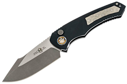 Heretic Auto Pariah H048-5A MagnaCut Black Handle Battleworn Single Edge Blade Flamed Pivot - NORTH RIVER OUTDOORS