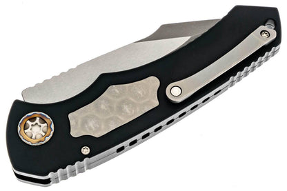 Heretic Auto Pariah H048-5A MagnaCut Black Handle Battleworn Single Edge Blade Flamed Pivot - NORTH RIVER OUTDOORS