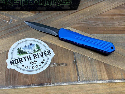 Heretic Knives Manticore S OTF Auto 2.55" MagnaCut Black DLC Recurve Blade, Blue Aluminum Handle with Blue CamoCarbon - NORTH RIVER OUTDOORS