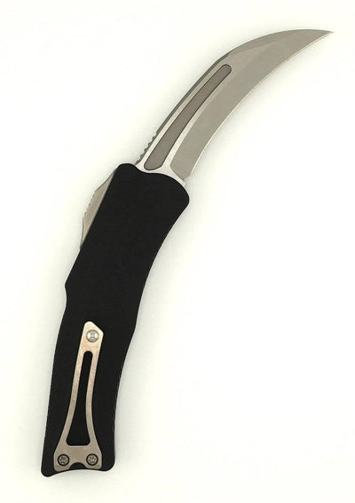 Heretic Knives Roc OTF Auto Knife 3.2" MagnaCut Satin Hawkbill Black Handles - NORTH RIVER OUTDOORS