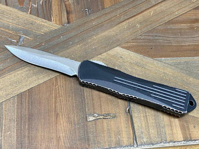 Heretic Manticore E Battleworn Black OTF Automatic Knife 3" Recurve Stonewash H029-2A-BATTLE - NORTH RIVER OUTDOORS