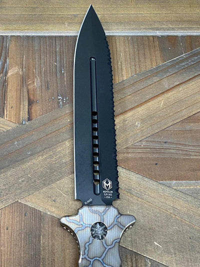 Heretic Nephilim Fixed Blade D/E Dagger Flamed Titanium Handle DLC Black Full Serrated Blade H003-6C-FTi - NORTH RIVER OUTDOORS