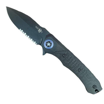 Heretic Wraith Manual Flipper Knife 3.625" CPM-MagnaCut Black DLC Battle Worn Clip Point Combo Integral Battle Worn DLC Titanium Handle Carbon Fiber Serrated - NORTH RIVER OUTDOORS