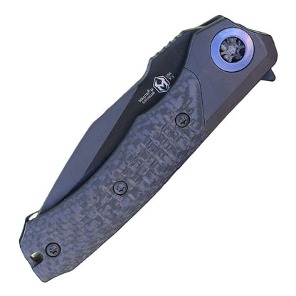 Heretic Wraith Manual Flipper Knife 3.625" CPM-MagnaCut Black DLC Battle Worn Clip Point Combo Integral Battle Worn DLC Titanium Handle Carbon Fiber Serrated - NORTH RIVER OUTDOORS