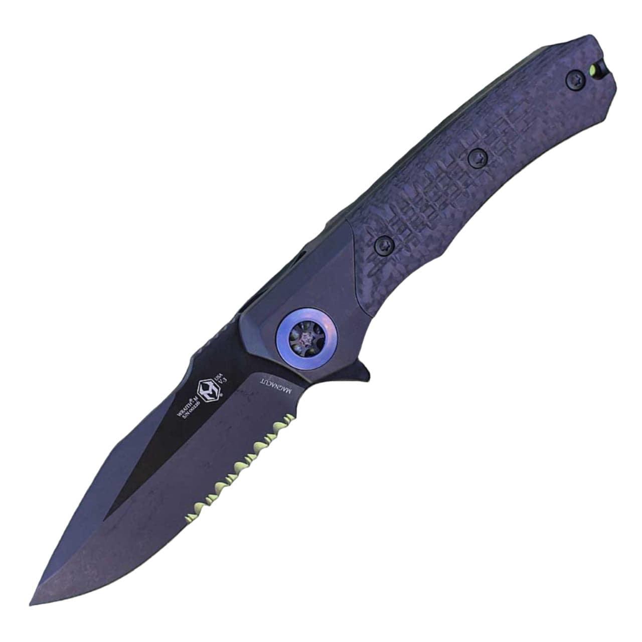 Heretic Wraith Manual Flipper Knife 3.625" CPM-MagnaCut Black DLC Battle Worn Clip Point Combo Integral Battle Worn DLC Titanium Handle Carbon Fiber Serrated - NORTH RIVER OUTDOORS
