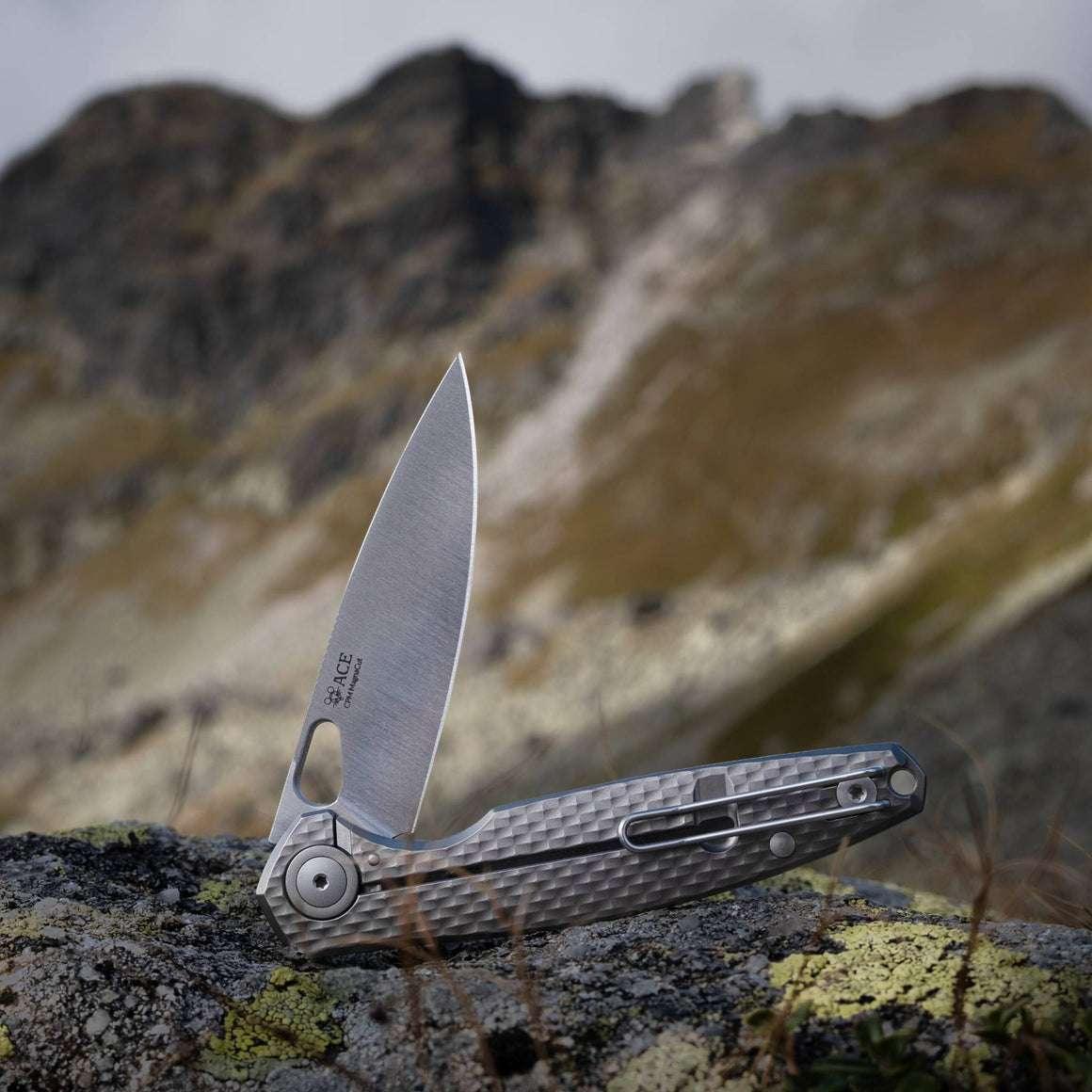 GiantMouse REO Folding Knife 3.325" MagnaCut Satin Drop Point Titanium Handles - NORTH RIVER OUTDOORS