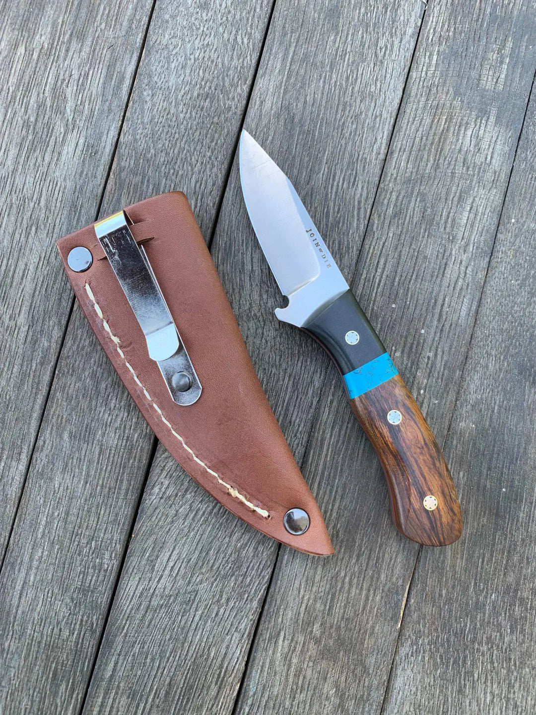 Join or Die Blueridge Bird and Trout Knife Iron wood Turquoise Spacer (USA)