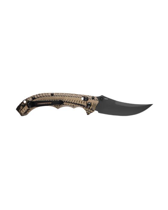 Benchmade 865BK-01 Mini Bedlam Folding Knife 3.45" S90V Graphite Black Cerakote Scimitar Blade Layered Coyote/Black/OD Green G10 Handles - NORTH RIVER OUTDOORS