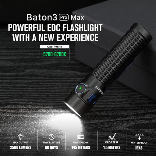 Olight Baton 3 Pro Max 2500 Lumens Rechargeable Compact Flashlight (Cool White) from NORTH RIVER OUTDOORS
