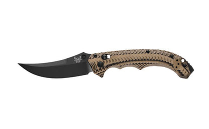 Benchmade 865BK-01 Mini Bedlam Folding Knife 3.45" S90V Graphite Black Cerakote Scimitar Blade Layered Coyote/Black/OD Green G10 Handles - NORTH RIVER OUTDOORS