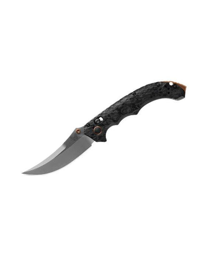Benchmade 865-02 Mini Bedlam Axis Folding Knife 3.45" S90V Satin Scimitar Blade Marbled Carbon Fiber Handles - NORTH RIVER OUTDOORS