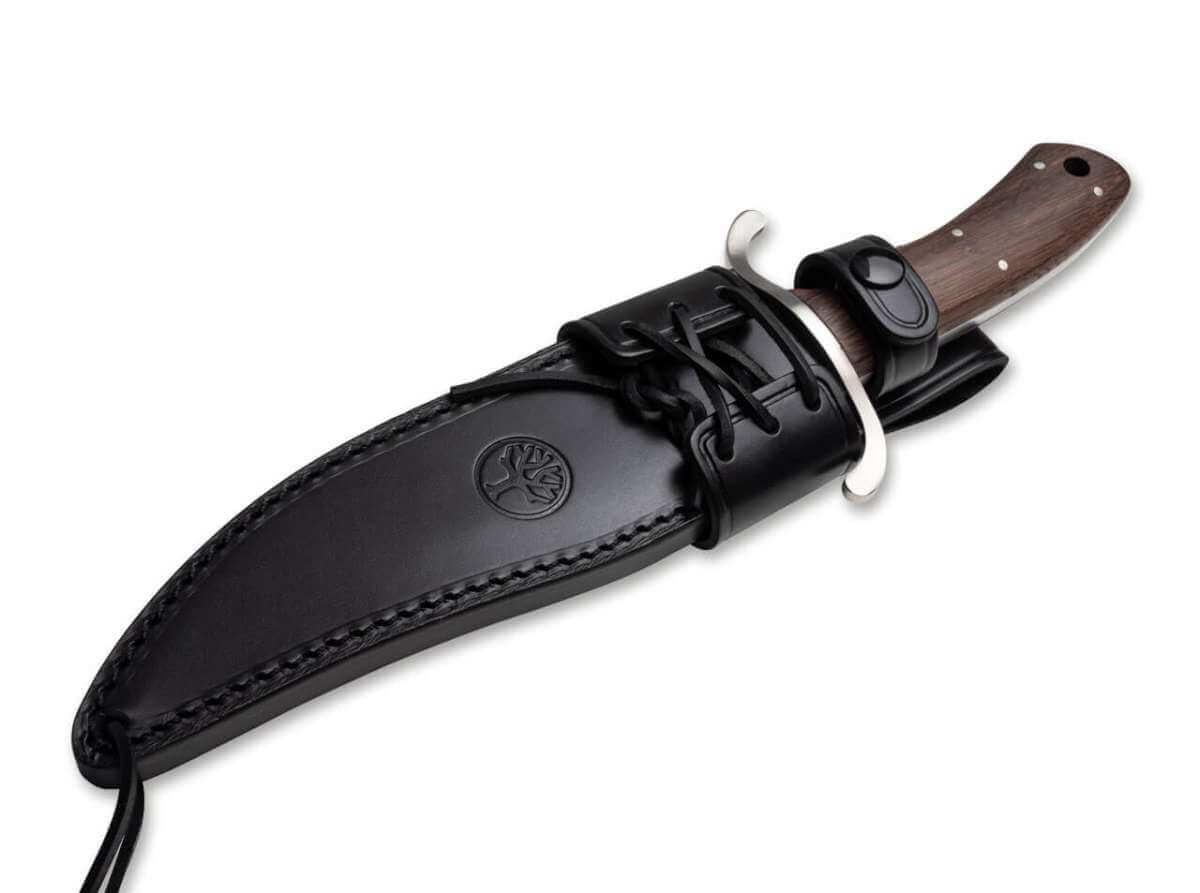 Boker Bowie Fixed Blade Knife 7.8" N690 Satin Blade Oak Wood Handles Black Leather Sheath - NORTH RIVER OUTDOORS