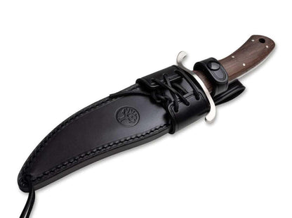 Boker Bowie Fixed Blade Knife 7.8" N690 Satin Blade Oak Wood Handles Black Leather Sheath - NORTH RIVER OUTDOORS