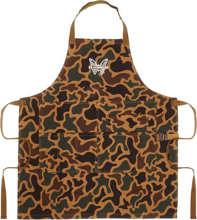 A multi-pocket utility apron featuring a brown, green, and black camouflage pattern, with a white embroidered butterfly logo on the upper chest. It has a neck strap, waist ties, and multiple front pockets.