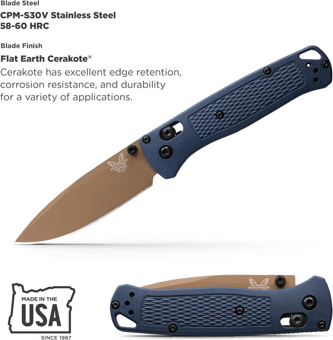 Benchmade Bugout Axis Folding Knife 3.24" S30V Flat Dark Earth Cerakote Plain Blade Crater Blue Grivory Handles from NORTH RIVER OUTDOORS