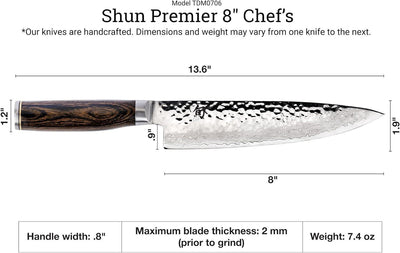 Shun Premier 8" Chef's Knife Handcrafted Japanese Kitchen Knife VG-MAX Core with Damascus - NORTH RIVER OUTDOORS