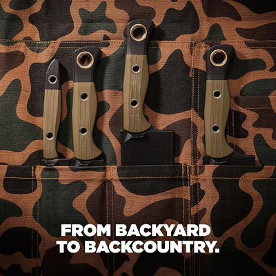 Four outdoor utility knives with brown wood handles and black blades are displayed in a camouflage fabric knife roll. The text 'FROM BACKYARD TO BACKCOUNTRY.
