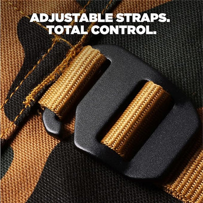 Close-up of a tactical belt with a black plastic buckle and tan webbing strap, featuring a camouflage pattern and the text 'ADJUSTABLE STRAPS. TOTAL CONTROL.