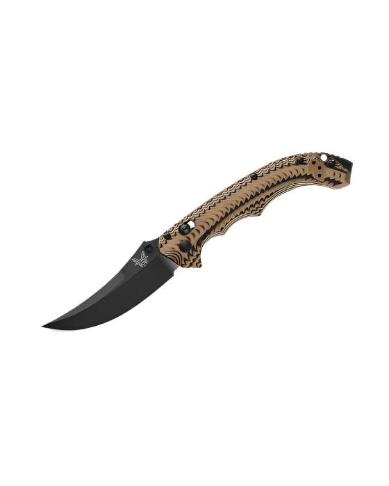 Benchmade 865BK-01 Mini Bedlam Folding Knife 3.45" S90V Graphite Black Cerakote Scimitar Blade Layered Coyote/Black/OD Green G10 Handles - NORTH RIVER OUTDOORS