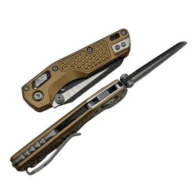 Brown and silver folding knife on a light gray background