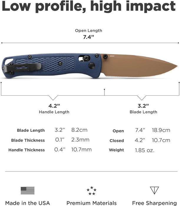 Benchmade Bugout Axis Folding Knife 3.24" S30V Flat Dark Earth Cerakote Plain Blade Crater Blue Grivory Handles from NORTH RIVER OUTDOORS