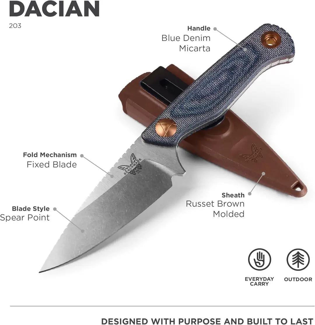 Benchmade Dacian Pocket Fixed Blade Knife 3.54" MagnaCut Satin Spear Point Blade Blue Denim Micarta