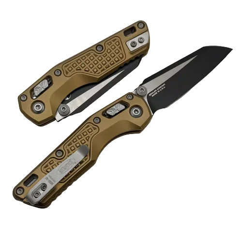 Two folding knives with brown handles and black blades on a light gray background