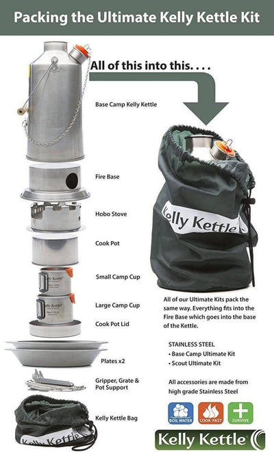 Kelly Kettle Ultimate Base Camp Kit 54 oz Large Stainless Camp Kettle w/ Stove for Fishing, Hunting, Hiking - NORTH RIVER OUTDOORS