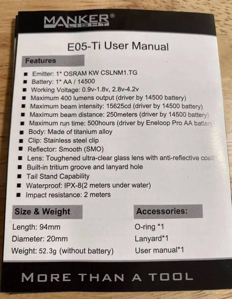 Manker E05 Ti 400 Lumens Titanium AA Flashlight With OSRAM LED - NORTH RIVER OUTDOORS