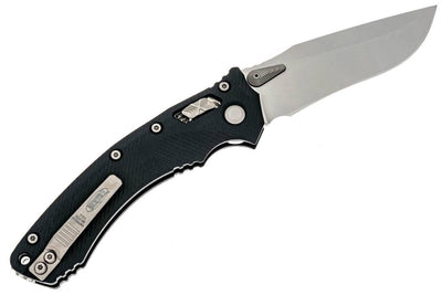 Microtech Amphibian RAM-LOK Manual Folding Knife 3.875" M390MK Stonewashed Clip Point Blade Black Fluted G10 Handles Crossbar Lock - NORTH RIVER OUTDOORS