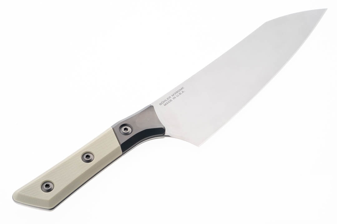 Microtech 8" Chef Knife Stonewashed Blade Bead Blasted Titanium Bolster Ivory G-10 Handle