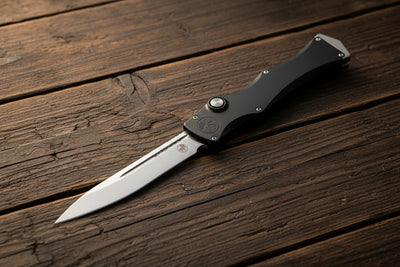 Folding knife with black handle and silver blade on a rustic background