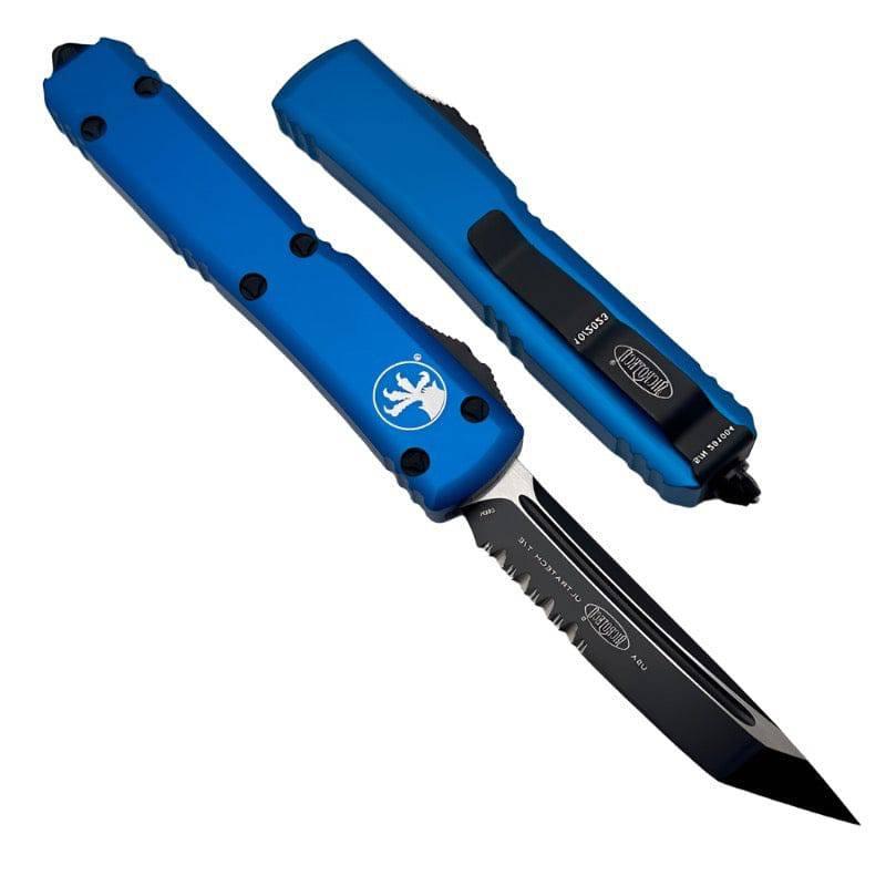 Microtech 123-2BL Ultratech AUTO OTF Knife 3.46" Black Tanto Combo Blade Blue Aluminum Handles - NORTH RIVER OUTDOORS