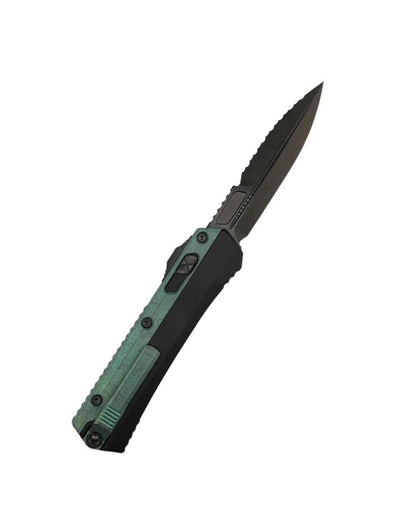Microtech 184-2DLCAG Signature Series Glykon Auto OTF Knife 3.75" Black DLC Serrated Double Edge Bayonet Blade Green Titanium Overlays DLC Hardware - NORTH RIVER OUTDOORS