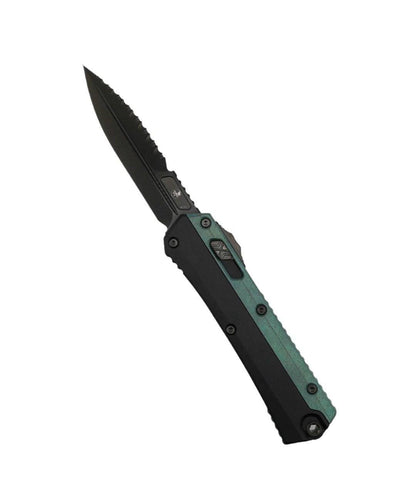 Microtech 184-2DLCAG Signature Series Glykon Auto OTF Knife 3.75" Black DLC Serrated Double Edge Bayonet Blade Green Titanium Overlays DLC Hardware - NORTH RIVER OUTDOORS