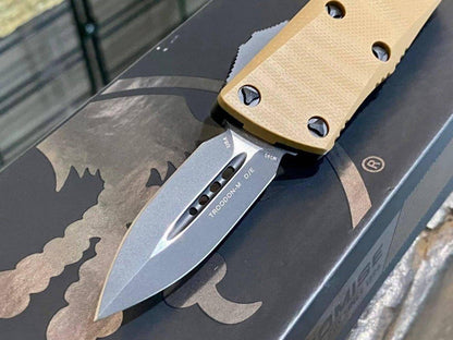 Microtech 238-1GTTAS Troodon Mini 1.99" D/E SS Tan G10 OTF Auto Knife - NORTH RIVER OUTDOORS
