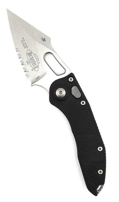 Microtech/Borka Blades 169-11 Auto Stitch 3.625" Stonewashed Spear Point Combo Blade Black Handles - NORTH RIVER OUTDOORS