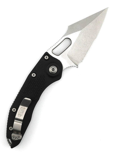 Microtech/Borka Blades 169-11 Auto Stitch 3.625" Stonewashed Spear Point Combo Blade Black Handles - NORTH RIVER OUTDOORS