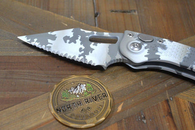 Microtech Stitch 169-3ACS Auto Arctic Camo Signature Series Fully Serrated - NORTH RIVER OUTDOORS